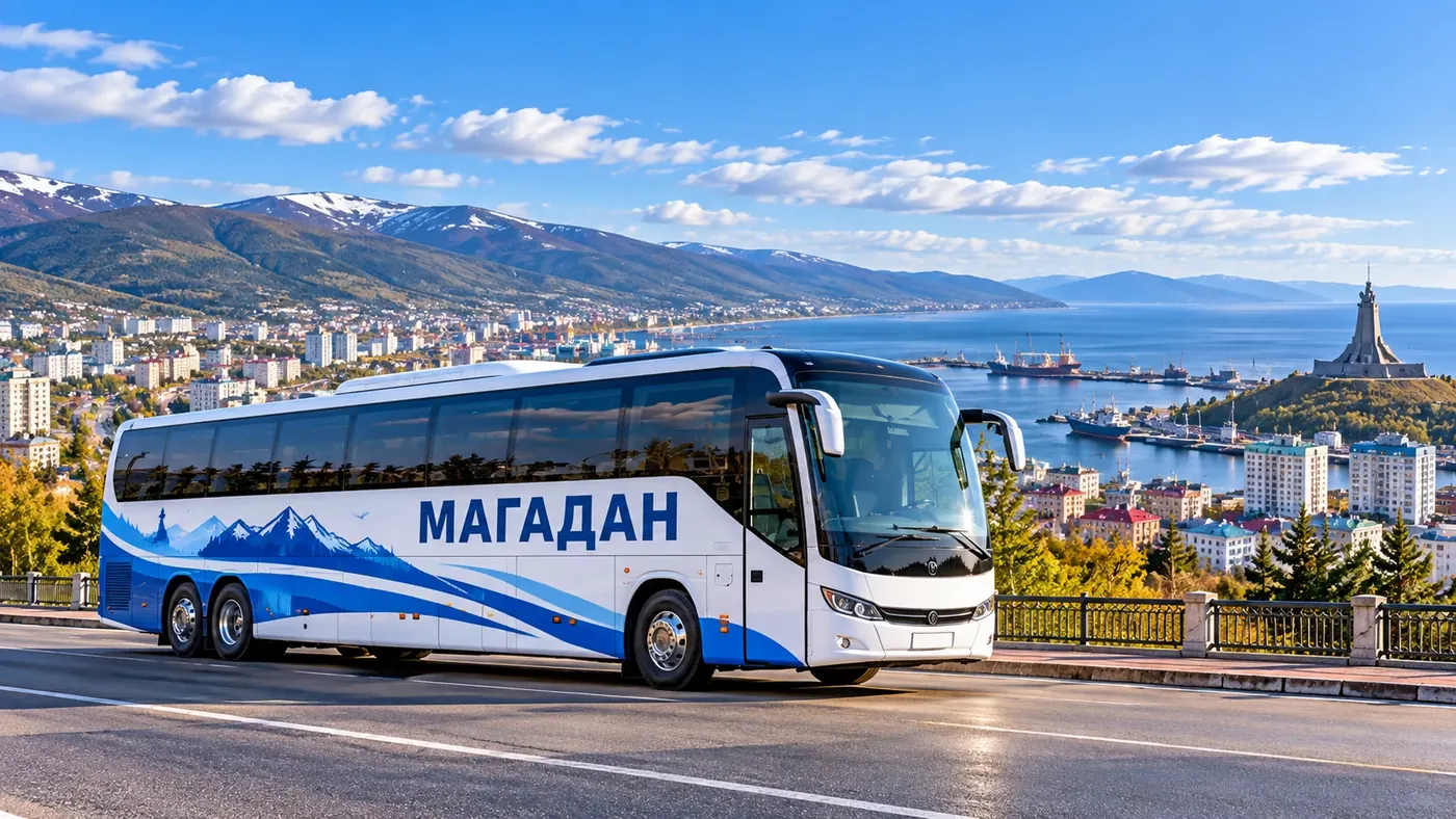 Пассажирский автобус Магадан на фоне города Магадан